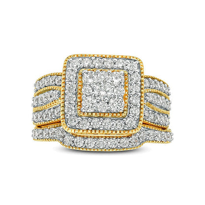 Braut-Set mit weißen Diamanten in rund und Princess, 1.25 ct. Gesamtgewicht, in 10K Gelbgold