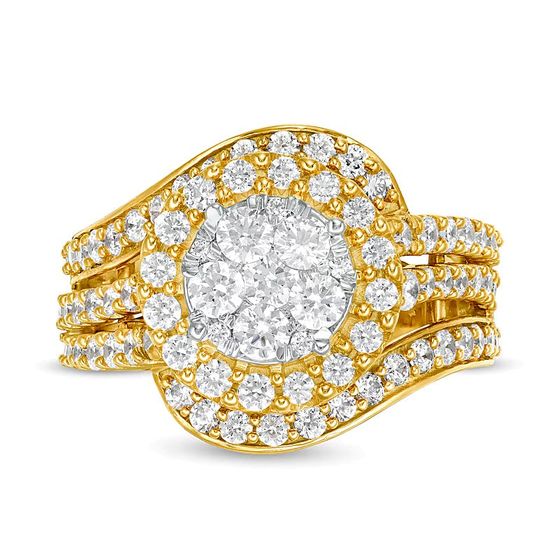 2.0 ct. Gesamtgewicht Komposit-Diamant Bypass mehrreihiger Verlobungsring mit geteiltem Ringschienen-Design in 10K Gelbgold