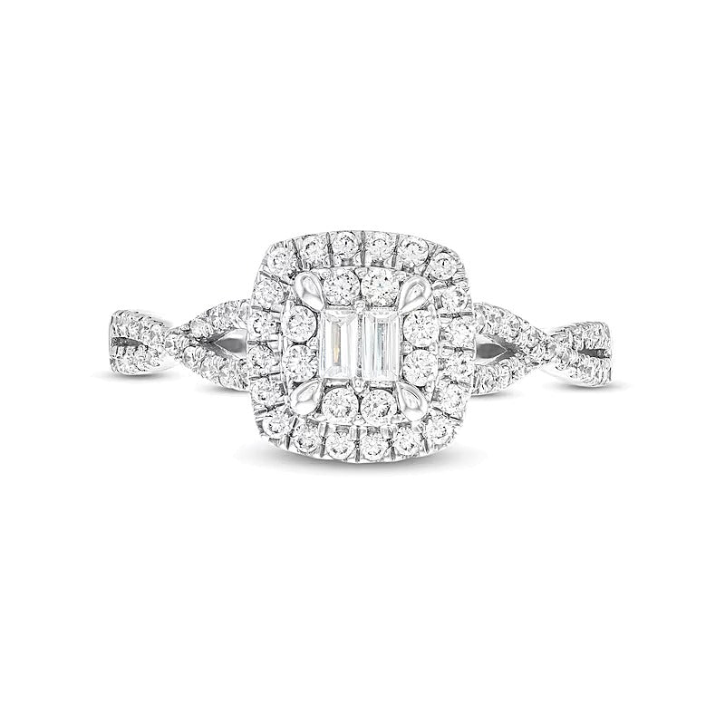 0,5 ct. Gesamtgewicht Ring mit mehreren Diamanten in Baguette-, rund- und Kissenschliff, gedreht mit geteiltem Ringkopf, aus 10K Weißgold