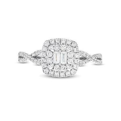 0,5 ct. Gesamtgewicht Ring mit mehreren Diamanten in Baguette-, rund- und Kissenschliff, gedreht mit geteiltem Ringkopf, aus 10K Weißgold
