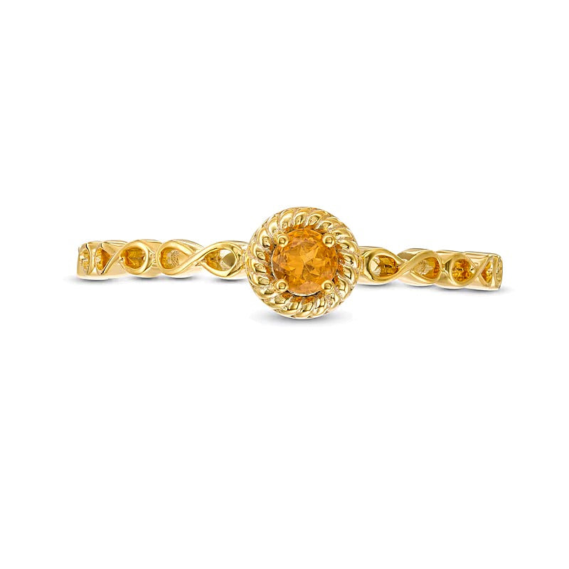 Freundschaftsring mit rundem Citrin Solitär 2,9mm und Rope-Fassung mit Infinity-Ringschiene in 10K Gelbgold