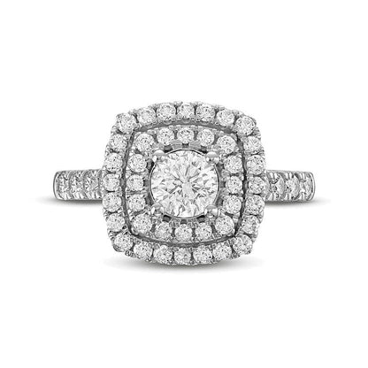 1.5 CT. Gesamtgewicht Diamant Verlobungsring mit doppeltem Halo im Kissenschliff aus 14K Weißgold (I/I1)
