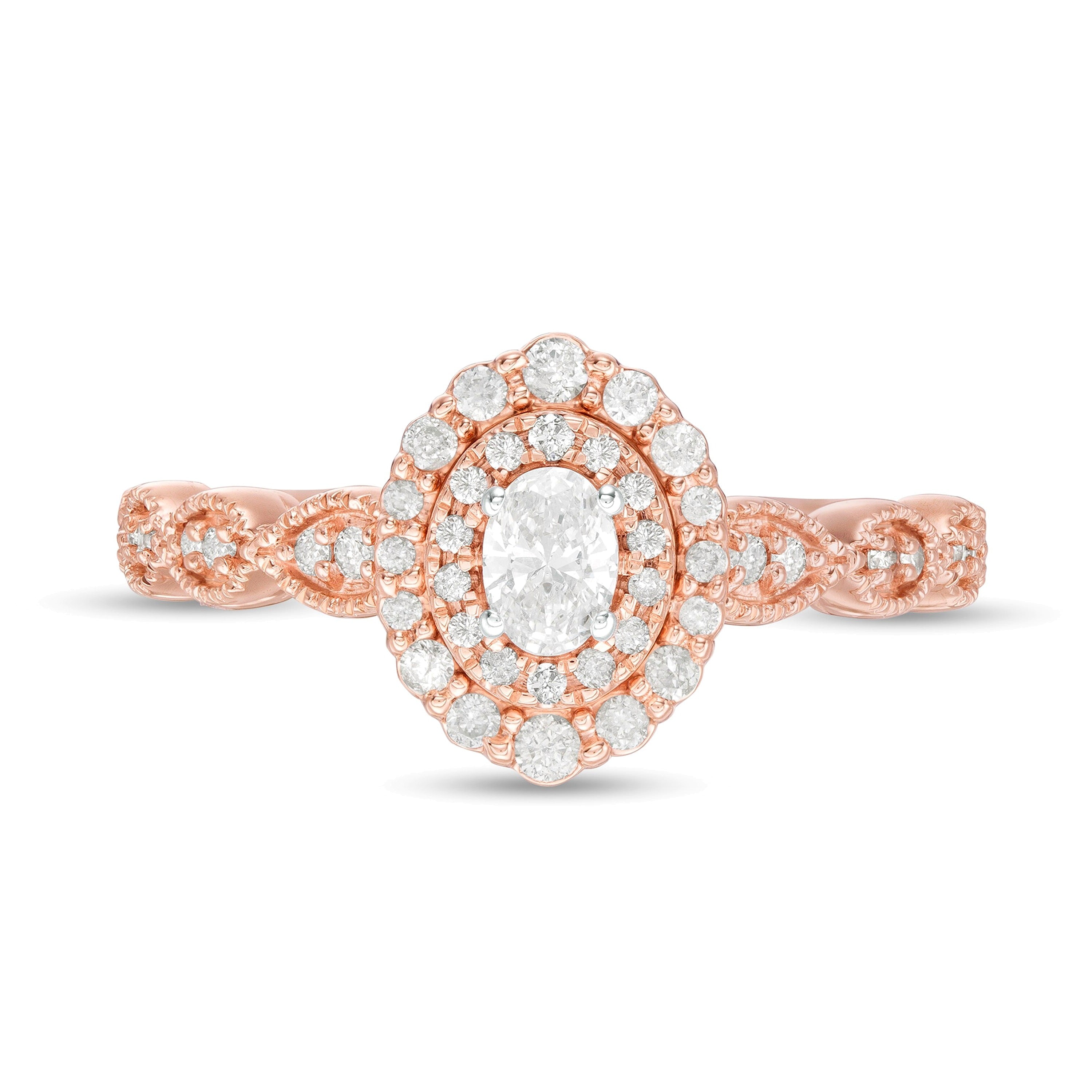 0,38 ct. Gesamtgewicht Verlobungsring mit ovalem Diamant im Art-déco-Vintage-Stil und doppeltem Rahmen in 10K Roségold