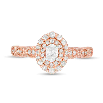 0,38 ct. Gesamtgewicht Verlobungsring mit ovalem Diamant im Art-déco-Vintage-Stil und doppeltem Rahmen in 10K Roségold