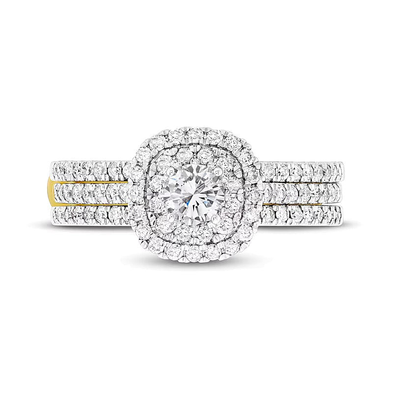 Brautset mit Diamanten 1.0 ct. Gesamtgewicht, rund, mehrreihig mit doppeltem Rahmen, in 10K Gelbgold