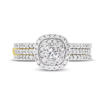 Brautset mit Diamanten 1.0 ct. Gesamtgewicht, rund, mehrreihig mit doppeltem Rahmen, in 10K Gelbgold