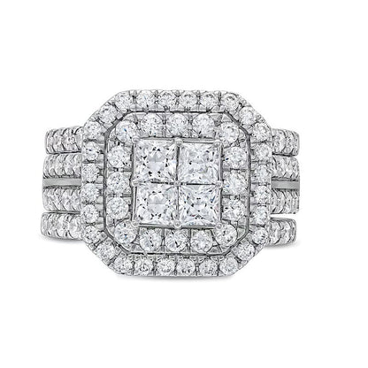 3.0 ct. Gesamtgewicht Multi-Diamant Komposit Halo dreiteiliges Brautset in 14K Weißgold