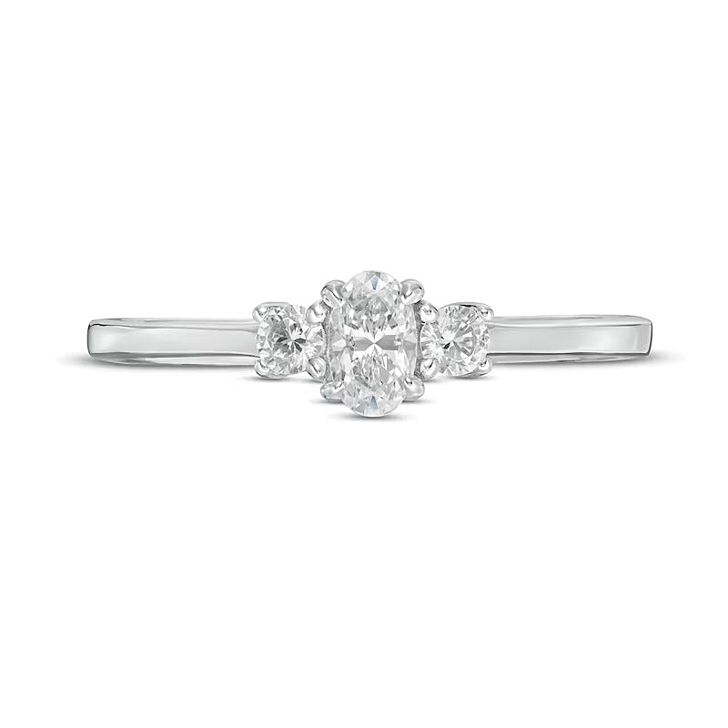 0.5 ct. Gesamtgewicht Verlobungsring Dreistein mit Diamanten im Oval- und Rundschliff in 14K Weißgold