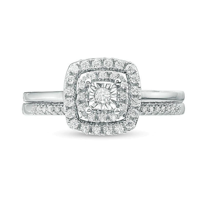 Brautset mit Diamanten im Rund- und Kissenschliff, 0.25 ct. Gesamtgewicht, doppelter Kissen-Rahmen, in 10K Weißgold