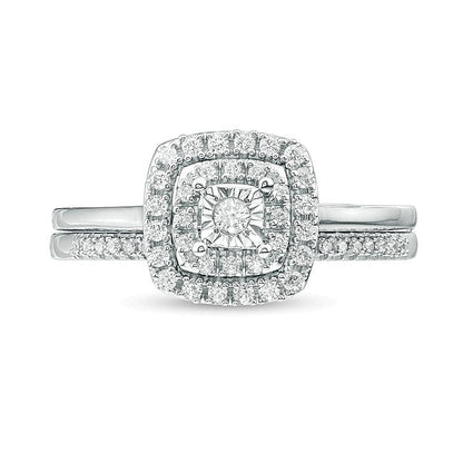 Brautset mit Diamanten im Rund- und Kissenschliff, 0.25 ct. Gesamtgewicht, doppelter Kissen-Rahmen, in 10K Weißgold
