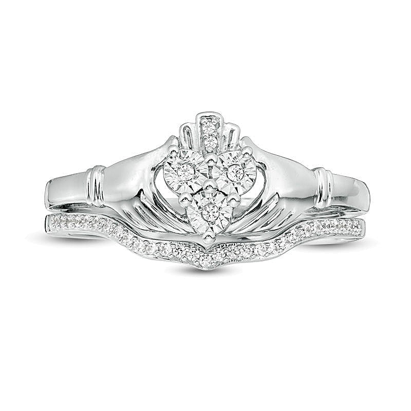 0.1 ct. Gesamtgewicht Diamant Claddagh Brautset in rhodiniertem Sterlingsilber