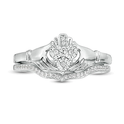0.1 ct. Gesamtgewicht Diamant Claddagh Brautset in rhodiniertem Sterlingsilber