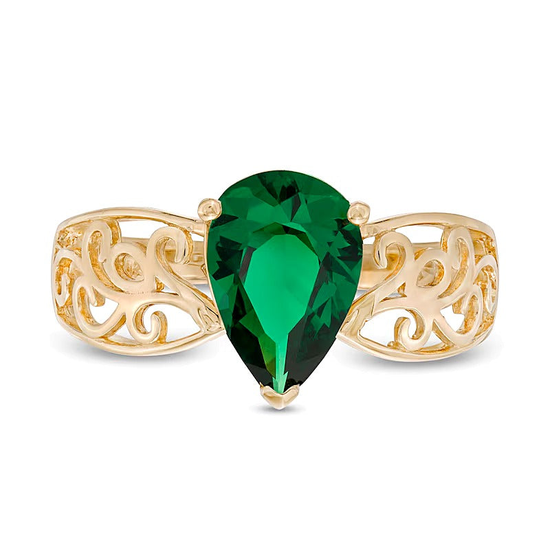 Fashion-Ring mit tropfenförmigem Labor-Smaragd in 10K Gelbgold