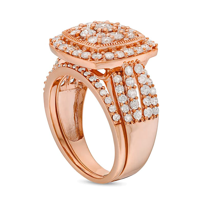 2.0 ct. Gesamtgewicht Brautset mit weißen Diamanten im Kissenschliff und rund, Vintage-Stil, in 10K Roségold