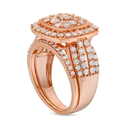2.0 ct. Gesamtgewicht Brautset mit weißen Diamanten im Kissenschliff und rund, Vintage-Stil, in 10K Roségold