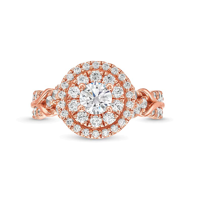 1.5 CT. Gesamtgewicht Diamant Verlobungsring mit ovalem Halo und doppelter Reihe in 14K Roségold (I/I2)