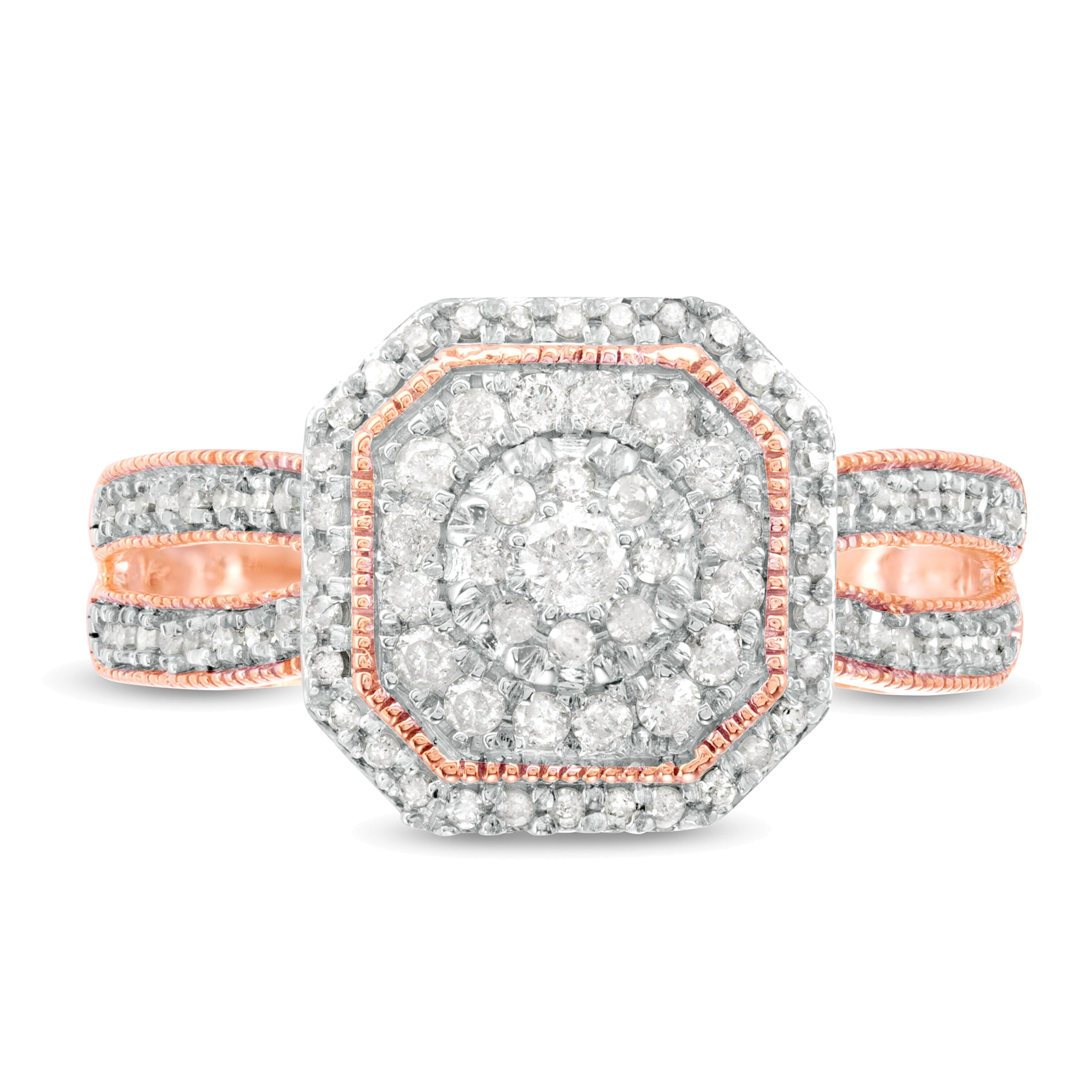 0.5 ct. Gesamtgewicht Komposit-Diamant Halo Vintage-Ring mit geteiltem Ringschienen-Design in 10K Gelbgold