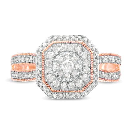 0.5 ct. Gesamtgewicht Komposit-Diamant Halo Vintage-Ring mit geteiltem Ringschienen-Design in 10K Gelbgold
