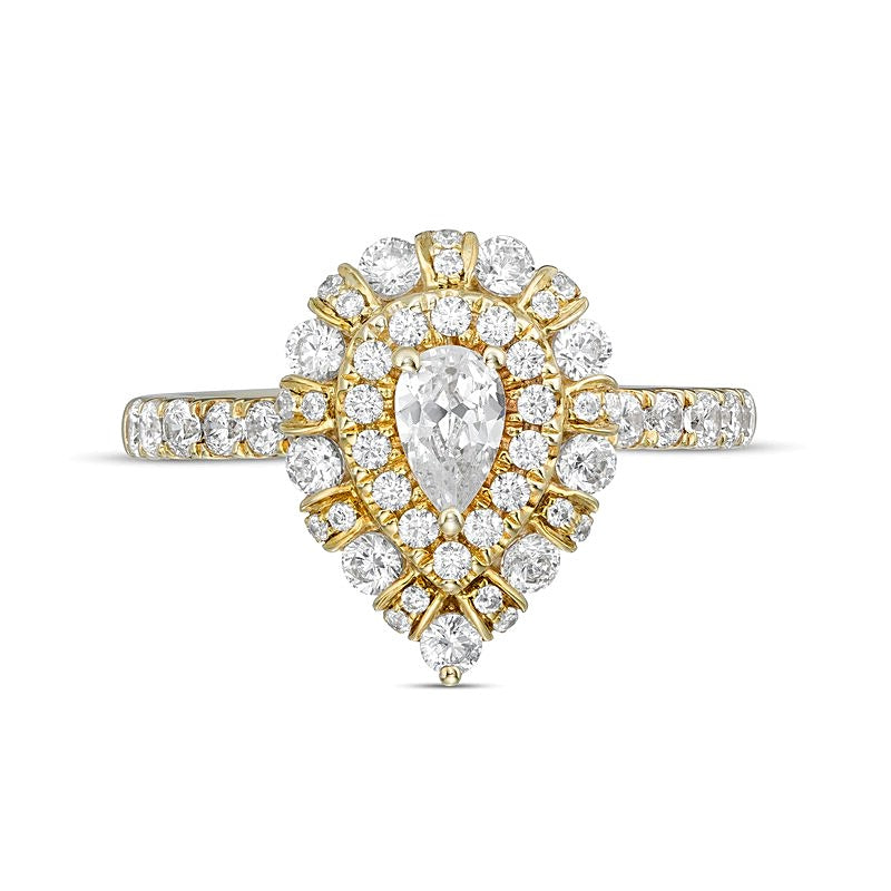 1,0 ct. Gesamtgewicht Verlobungsring mit tropfenförmigem Diamant und Halo aus 14K Gelbgold (I/SI2)