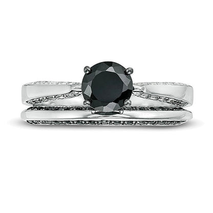 0.88 ct. Gesamtgewicht Brautset mit schwarzen und weißen Diamanten im Solitär-Stil in 10K Weißgold
