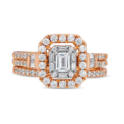 Braut-Set mit Diamanten im Smaragdschliff, zweireihig, 1.0 ct. Gesamtgewicht, in 10K Roségold