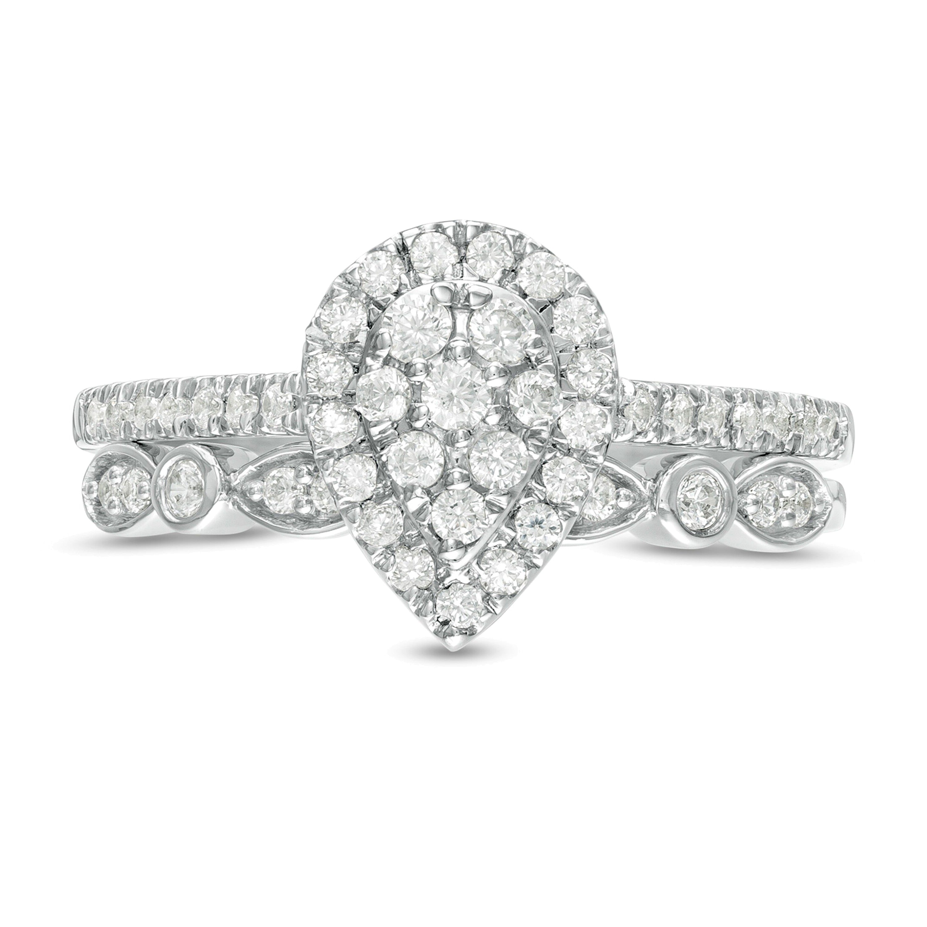 0.5 ct. Gesamtgewicht Komposit tropfenförmiger Diamant Art-déco-Brautset in 10K Weißgold