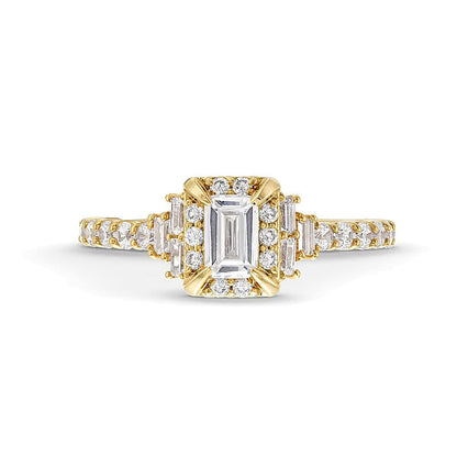 Verlobungsring 1.25 ct. Gesamtgewicht mit weißen Diamanten im Smaragdschliff und Baguette in 14K Gelbgold