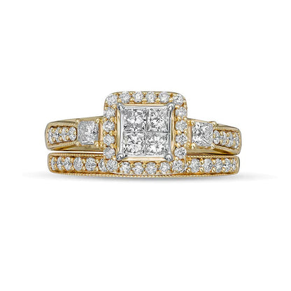 Braut-Set mit Diamanten im Princess-, Rund- und Kissenschliff 1.0 ct. Gesamtgewicht in 10K Gelbgold