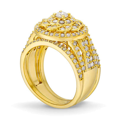 Brautset mit Diamanten 1.5 ct. Gesamtgewicht im keltischen Blumen-Design in 10K Gelbgold