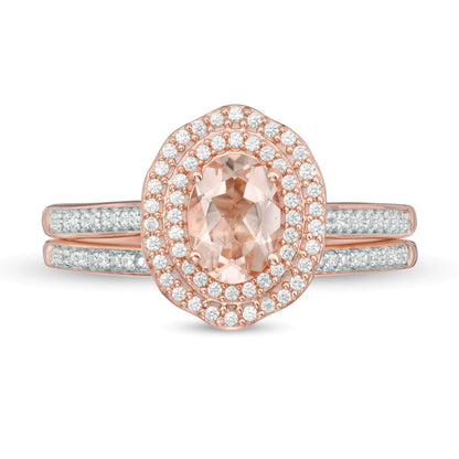 Braut-Set mit ovalem Morganit und 0,25 ct. Gesamtgewicht Diamanten im floralen Double-Frame-Design in 10K Roségold