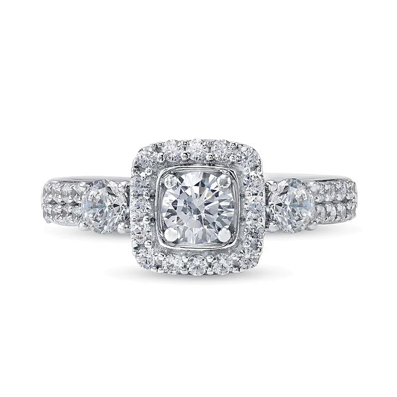 Dreistein-Verlobungsring mit Diamanten 1.17 ct. Gesamtgewicht, rund & Kissenschliff, in 14K Weißgold