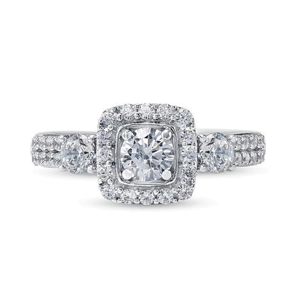 Dreistein-Verlobungsring mit Diamanten 1.17 ct. Gesamtgewicht, rund & Kissenschliff, in 14K Weißgold
