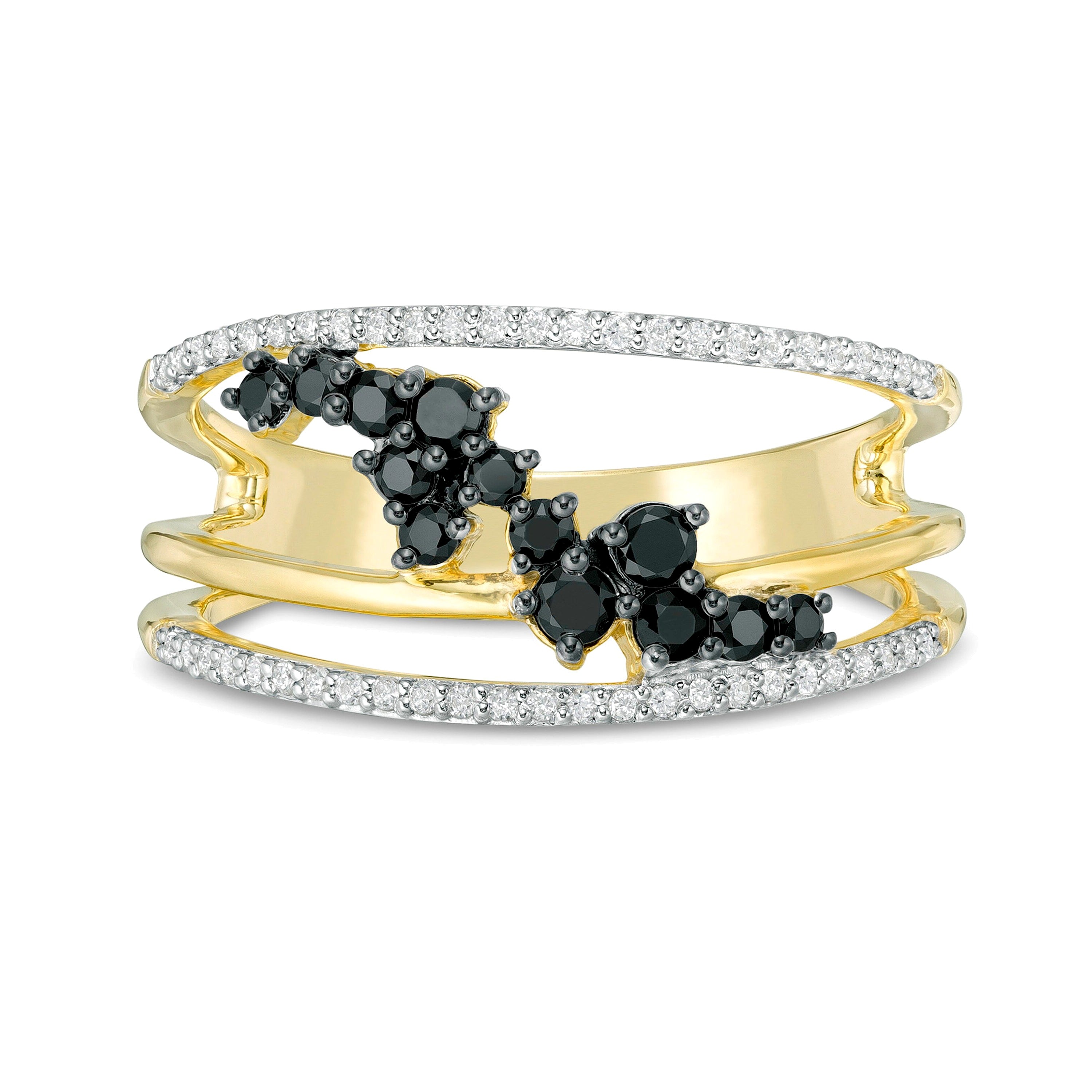 0.38 ct. Gesamtgewicht behandelter schwarzer und weißer Diamant Scatter Orbit Ring in 10K Gelbgold