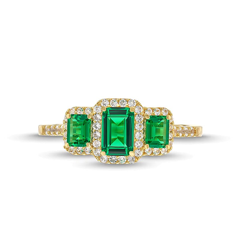 Dreistein-Ring mit Smaragd im Smaragdschliff (Labor) und Diamanten 0,25 ct. Gesamtgewicht in 10K Gelbgold