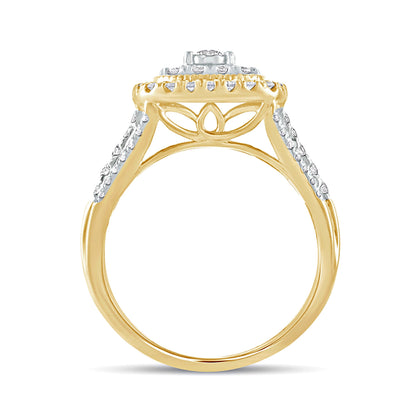 1.0 CT. TW Diamant-Verlobungsring im Vintage-Stil mit Halo in Kissenschliff aus 10K Gelbgold