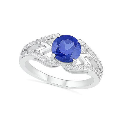 7,0mm Braut-Set mit blauem und weißem Labor-Saphir (rund), geometrisch, geteilte Schiene, in rhodiniertem Sterlingsilber