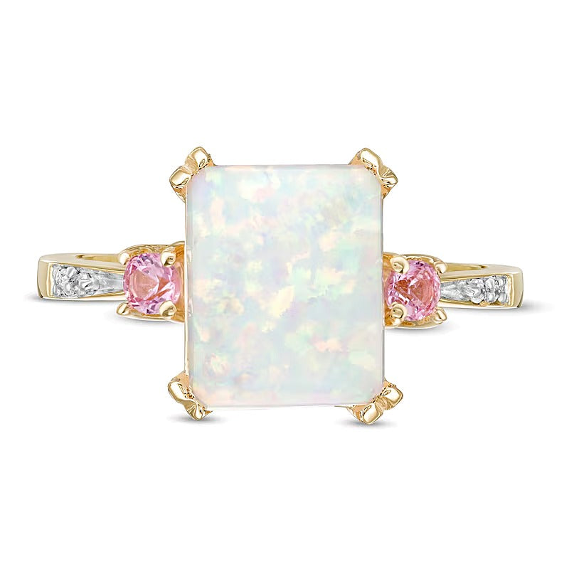 Dreistein-Ring mit Labor-Opal im Smaragdschliff und rosa Labor-Saphiren mit Diamant-Besatz in 10K Gelbgold