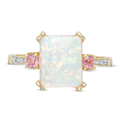 Dreistein-Ring mit Labor-Opal im Smaragdschliff und rosa Labor-Saphiren mit Diamant-Besatz in 10K Gelbgold