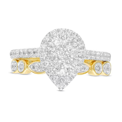 1.0 ct. Gesamtgewicht Komposit tropfenförmiges Diamant-Brautset im Art-déco-Stil in 10K Gelbgold