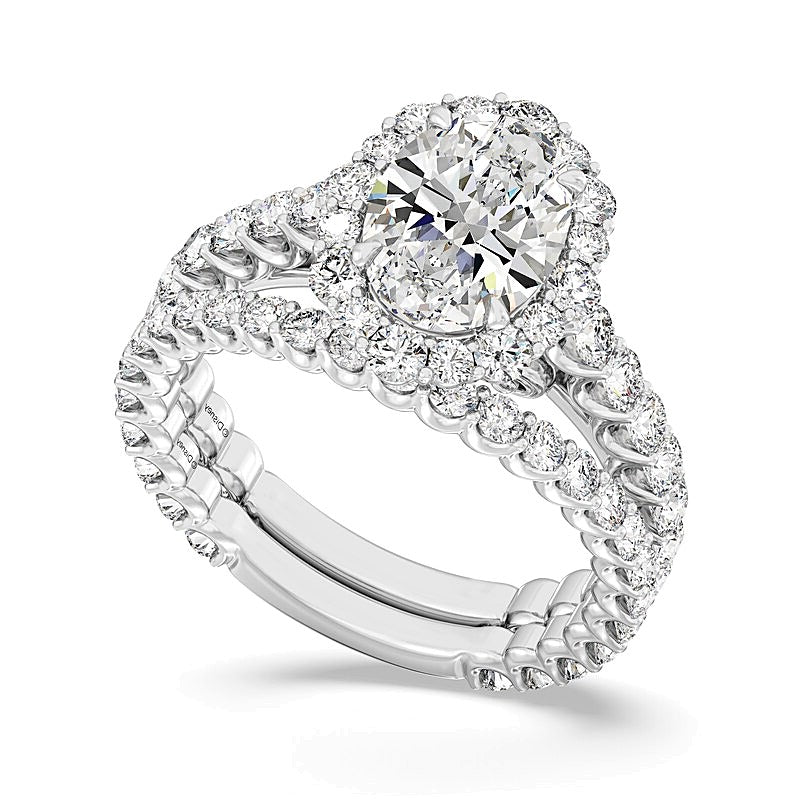 Halo-Verlobungsring mit ovalem Labordiamant 4,75 ct. Gesamtgewicht in 14K Weißgold