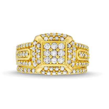 Braut-Set mit weißen Diamanten im Princess-, Kissen- und Rundschliff mit Kissenschliff-Halo, 1.0 ct. Gesamtgewicht, in 10K Gelbgold