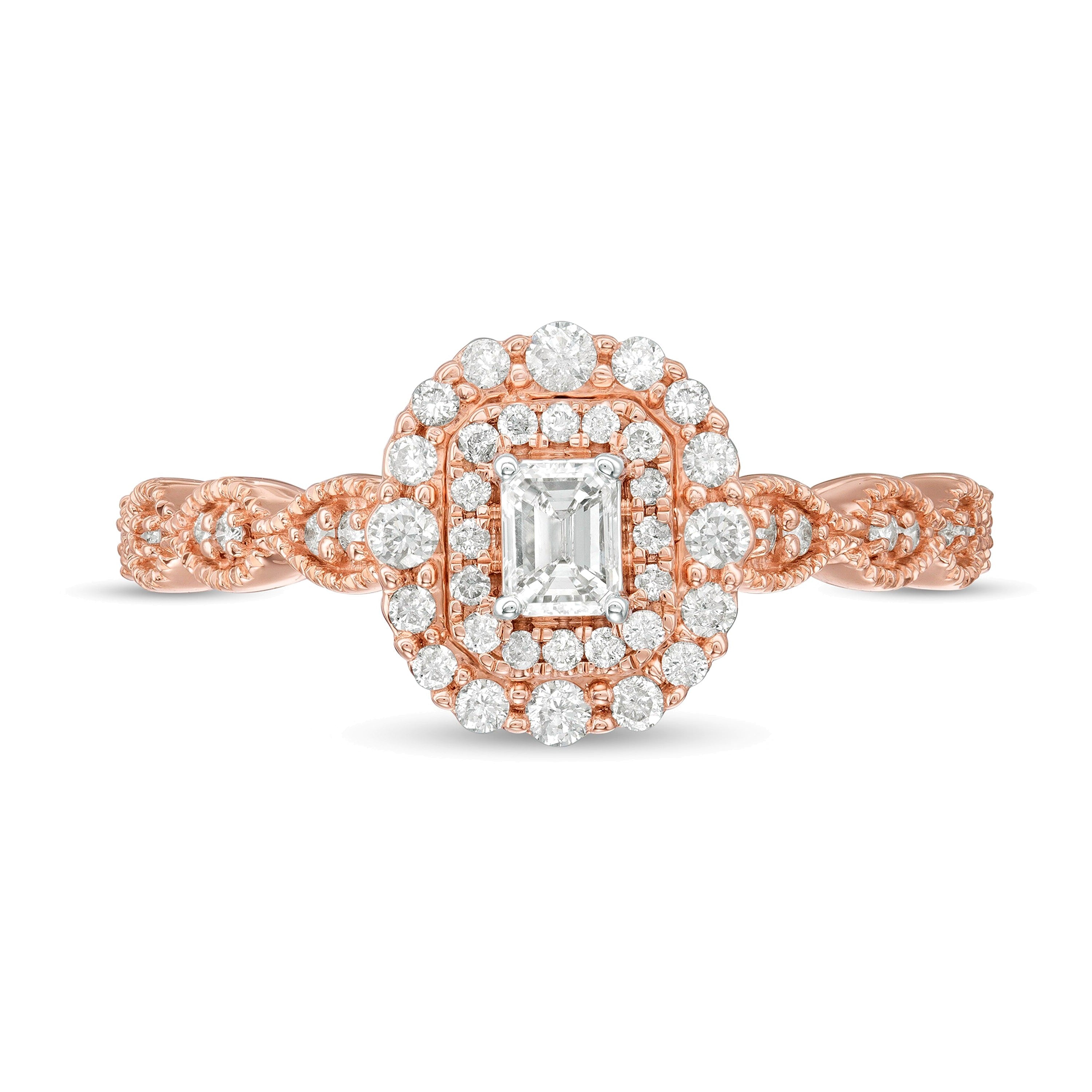 0,38 ct. Gesamtgewicht Verlobungsring im Art-déco-Vintage-Stil mit Diamant im Smaragdschliff und doppeltem Rahmen in 10K Roségold