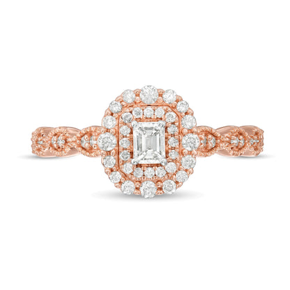0,38 ct. Gesamtgewicht Verlobungsring im Art-déco-Vintage-Stil mit Diamant im Smaragdschliff und doppeltem Rahmen in 10K Roségold