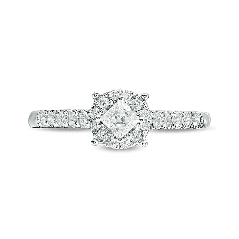 0.5 ct. Gesamtgewicht Verlobungsring mit Diamanten im Princess- und Rundschliff, Halo, in 10K Weißgold