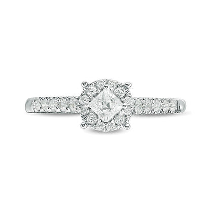 0.5 ct. Gesamtgewicht Verlobungsring mit Diamanten im Princess- und Rundschliff, Halo, in 10K Weißgold