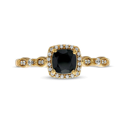 Verlobungsring im Art-déco-Vintage-Stil mit schwarzem Saphir im Kissenschliff 5,0 mm und Diamanten 0,1 ct. Gesamtgewicht als Halo in 10K Gelbgold
