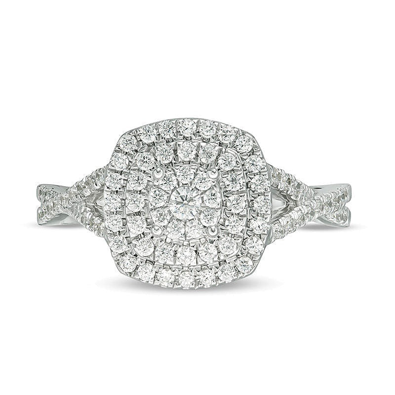 0,5 ct. Gesamtgewicht Diamant Verlobungsring mit dreifachem Halo im Kissenschliff und Crossover-Schiene in 10K Weißgold