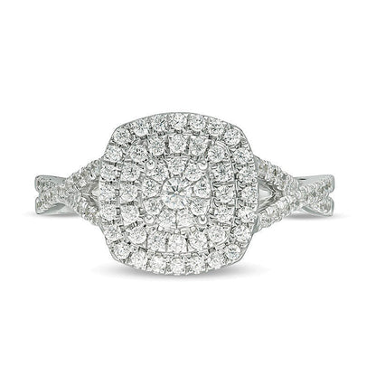 0,5 ct. Gesamtgewicht Diamant Verlobungsring mit dreifachem Halo im Kissenschliff und Crossover-Schiene in 10K Weißgold