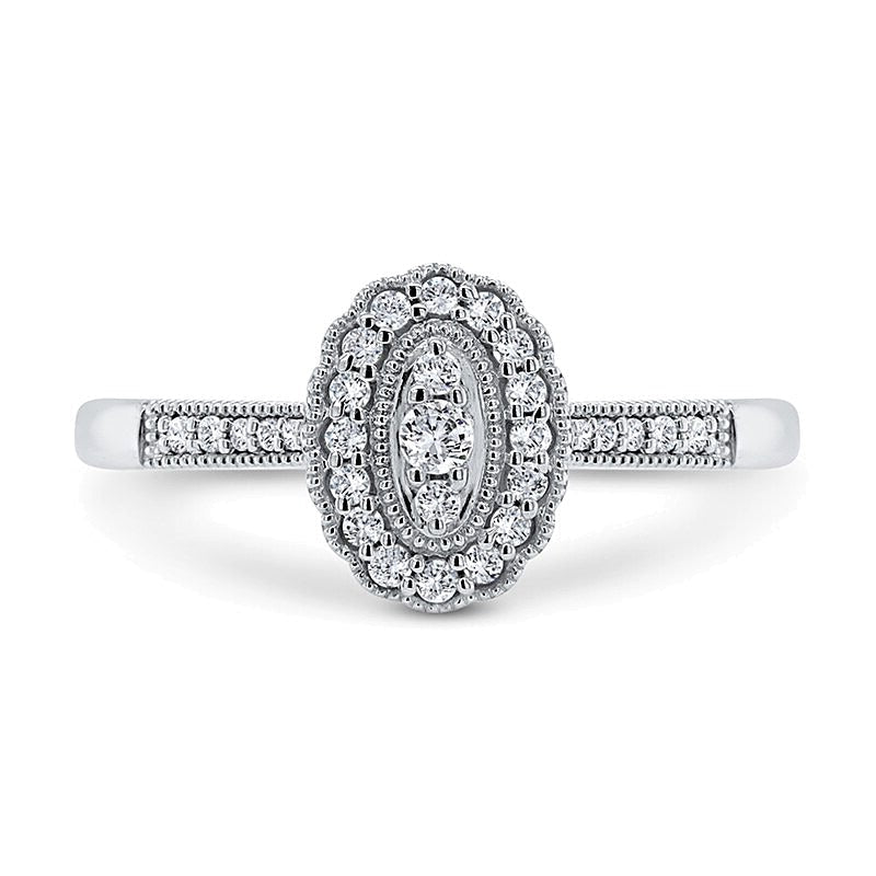 Vintage-Ring mit ovaler Diamant-Anordnung im Muschelrahmen 0,2 ct. Gesamtgewicht in 10K Weißgold