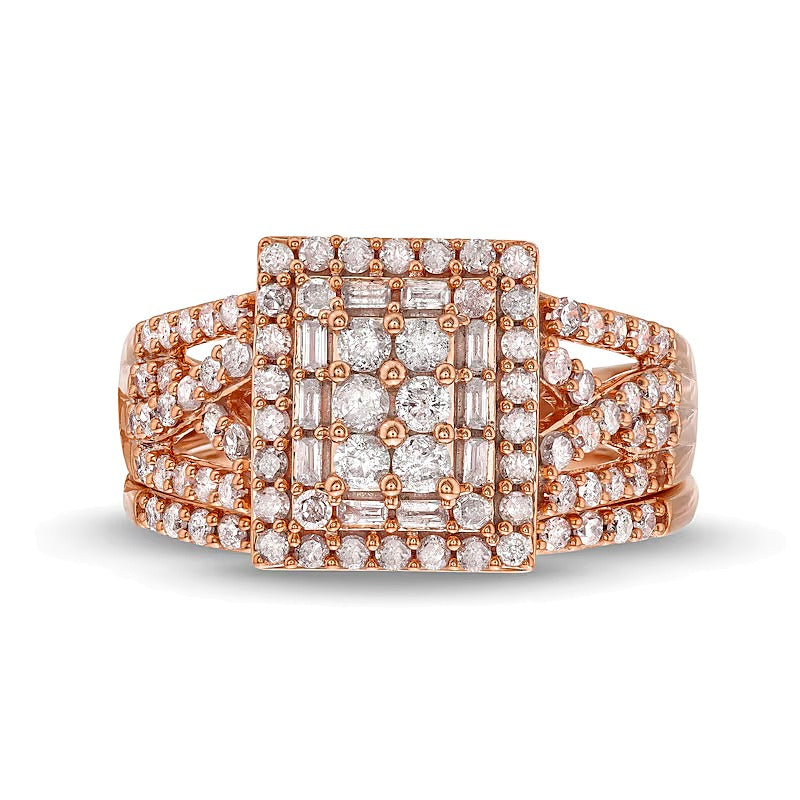 Braut-Set mit 1.0 ct. Gesamtgewicht Diamanten in Rechteck, rund und Baguette, Twist-Split-Shank in 10K Roségold